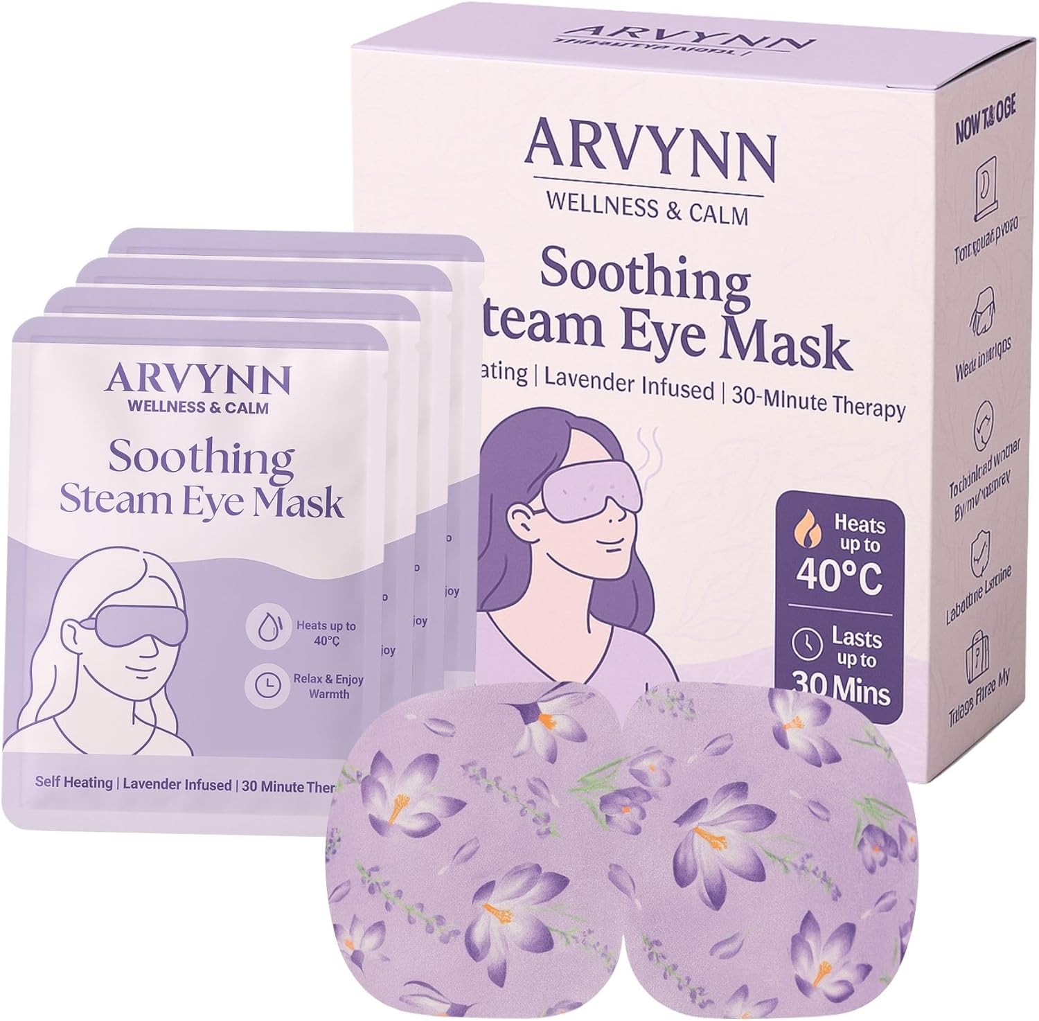 Arvynn Soothing Steam Eye Mask – self-heating lavender steam eye mask for eye relaxation and sleep